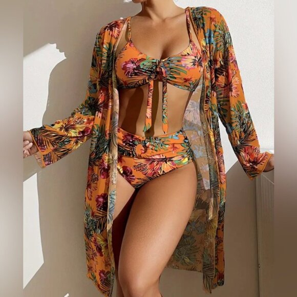 Orange Tropical Bikini & Cover Up, Print High Stretch 3 Piece - Picture 2 of 6